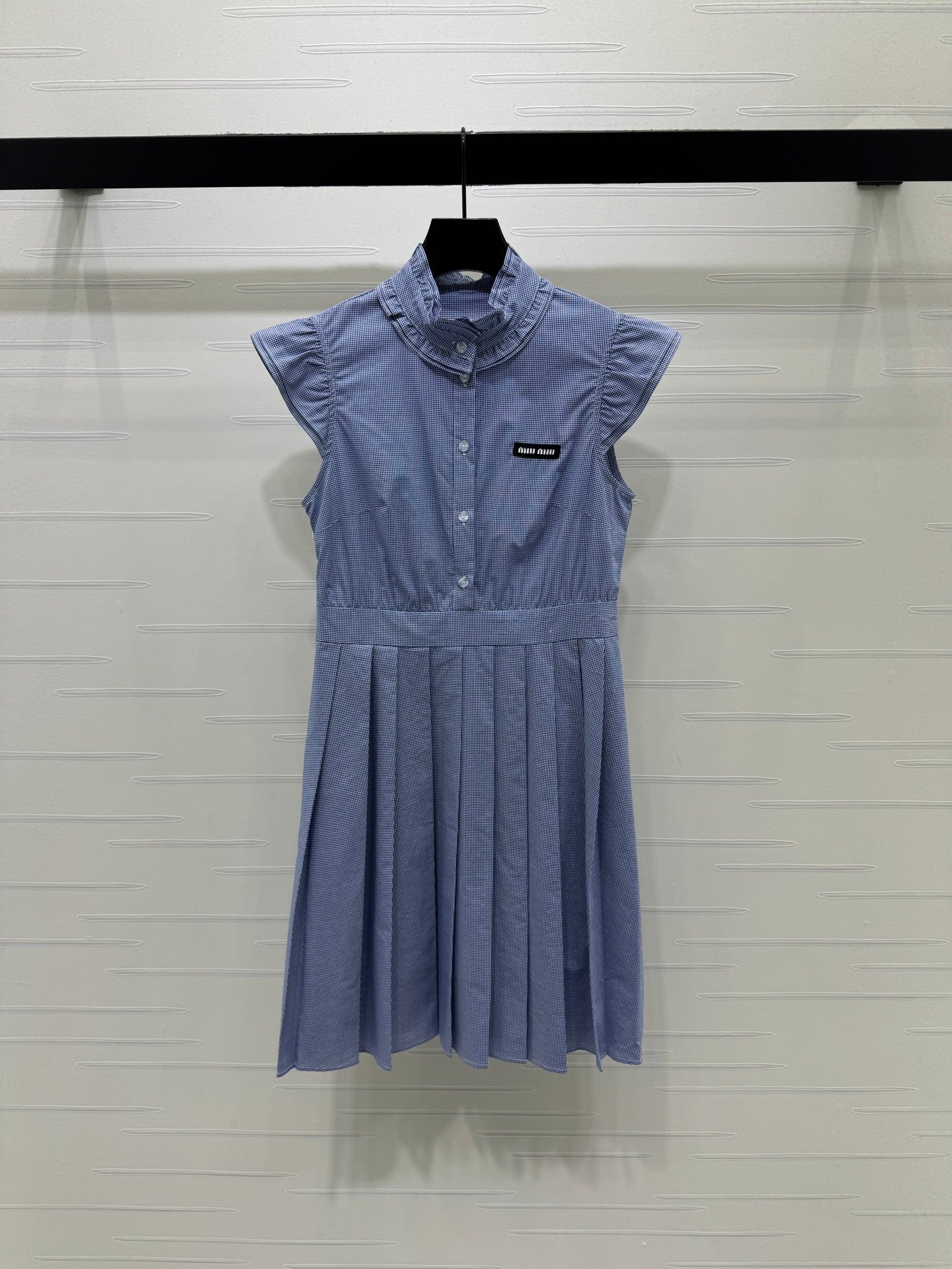 Miumiu 2026 Plaid Pleated Dress With Short Flutter Sleeves Cotton 475306