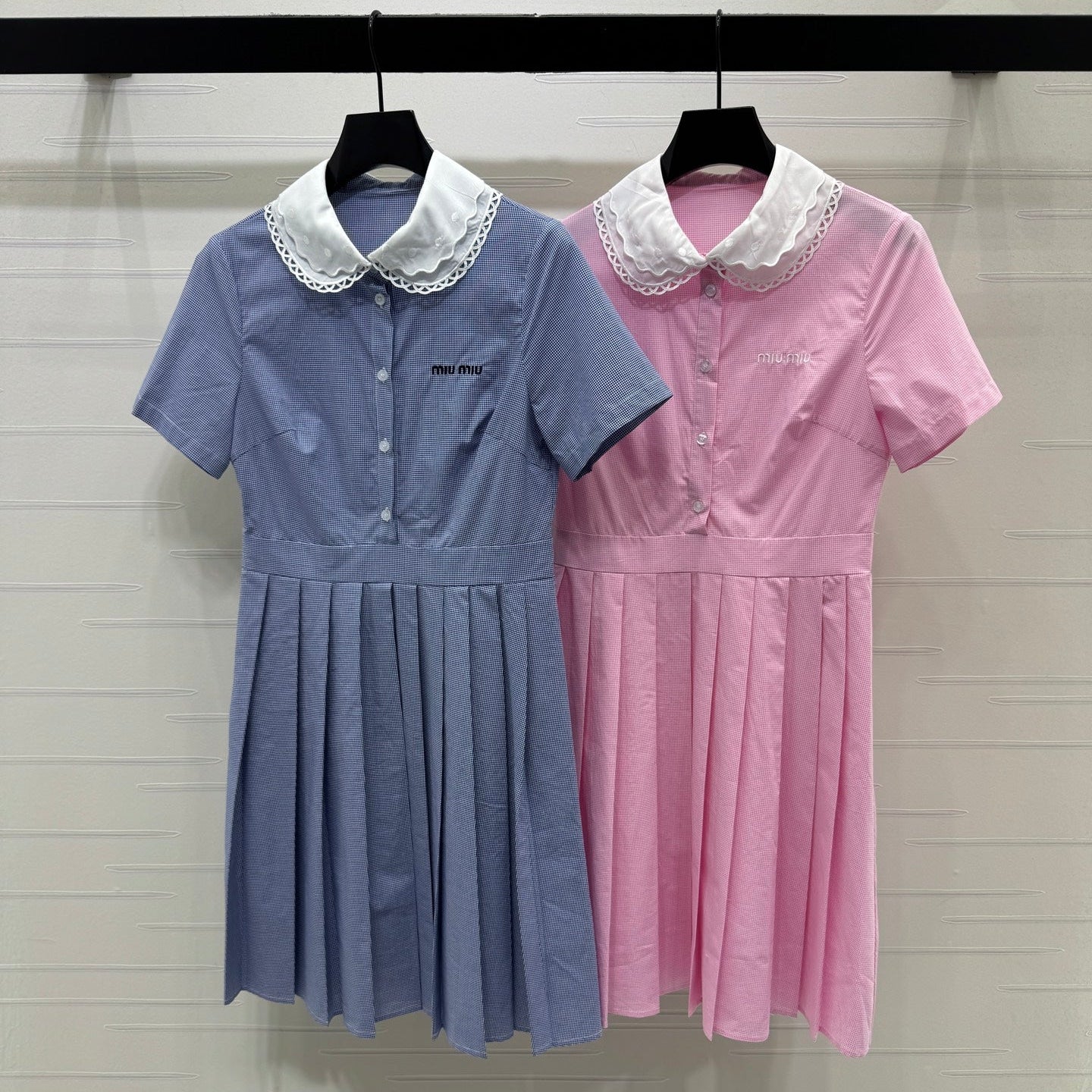 Miumiu 2026 Lace Collar Plaid Shirt Dress Cotton 392623