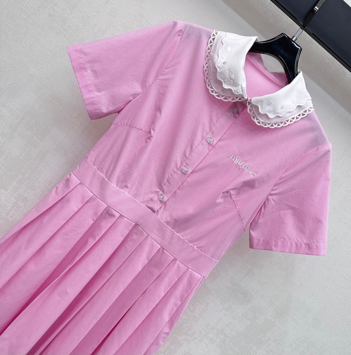 Miumiu 2026 Lace Collar Plaid Shirt Dress Cotton 392623