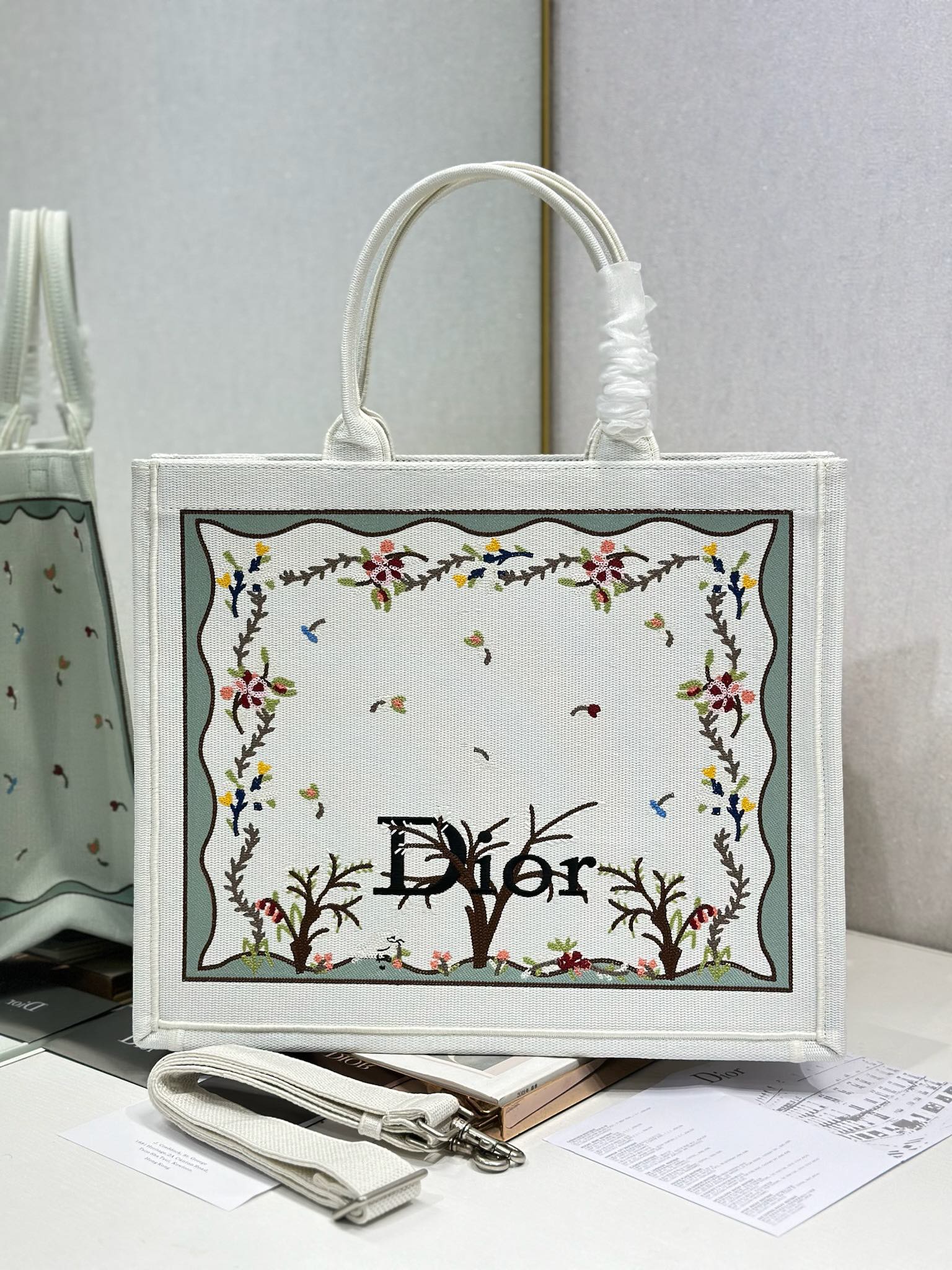 Dior 2026 Book Tote Bag With Multicolored White Revolution Flowers Embroidery Canvas