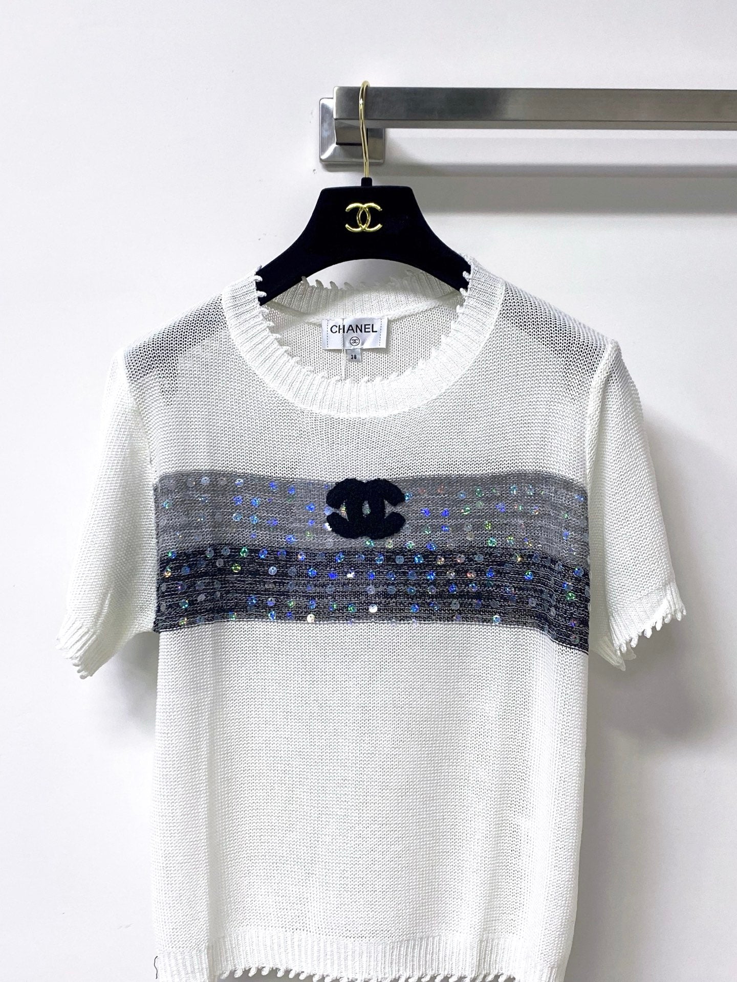 Chanel 2026 Short-sleeved Shirt Grey White Tencel Wool 295276