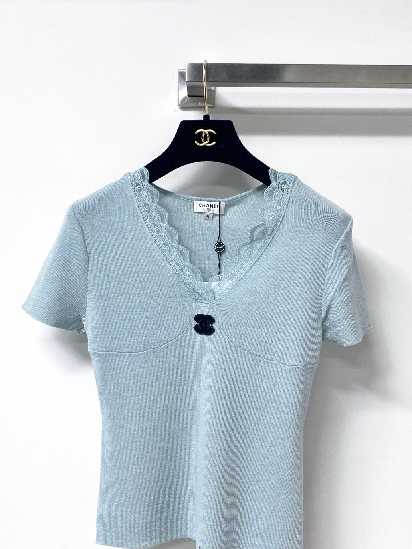 Chanel 2026 Lace V-neck Shirt Blue Pink Wool Cashmere 295236
