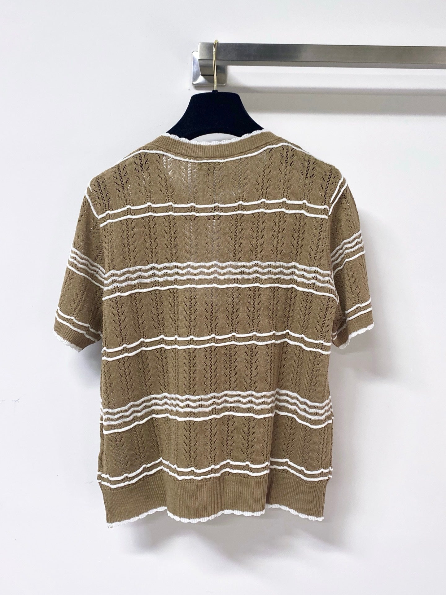 Chanel 2026 Striped Knit Short Sleeve Cardigan Mercerized Wool 435114