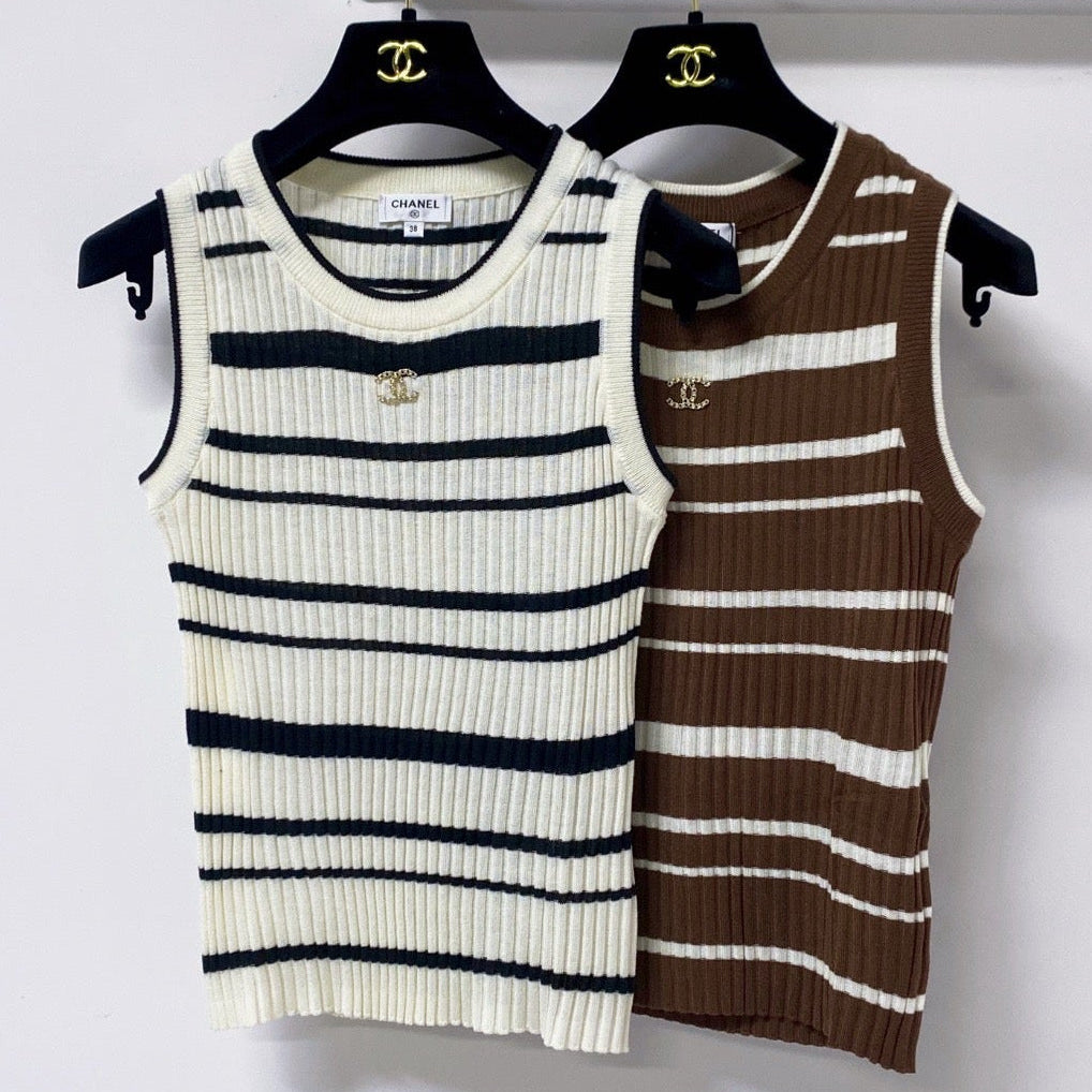 Chanel 2026 Striped Ribbed Knit Sleeveless Top Laine Wool 454052