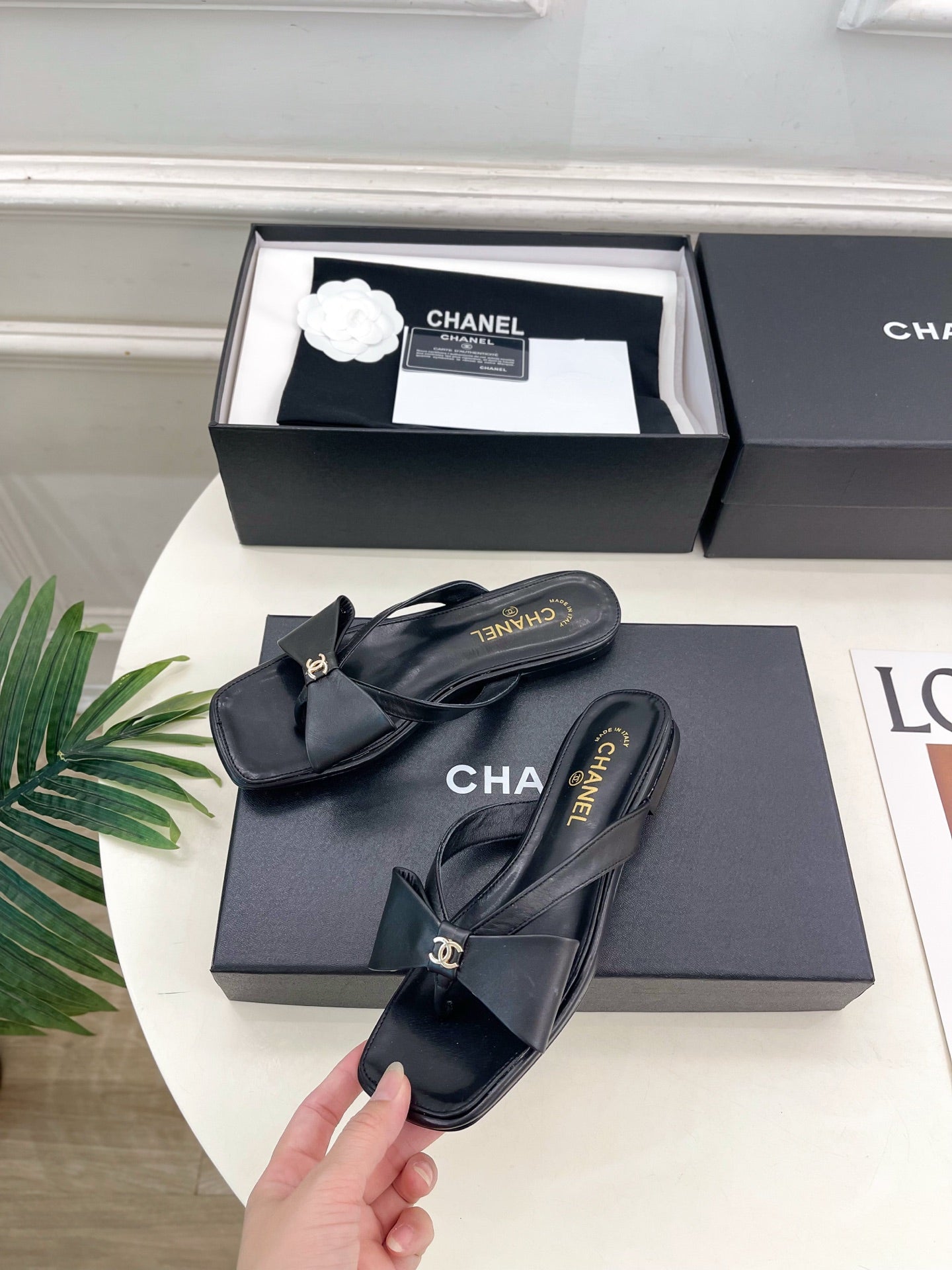 Chanel 2026 Double C Bow Flip-Flops Leather Sheepskin 831454