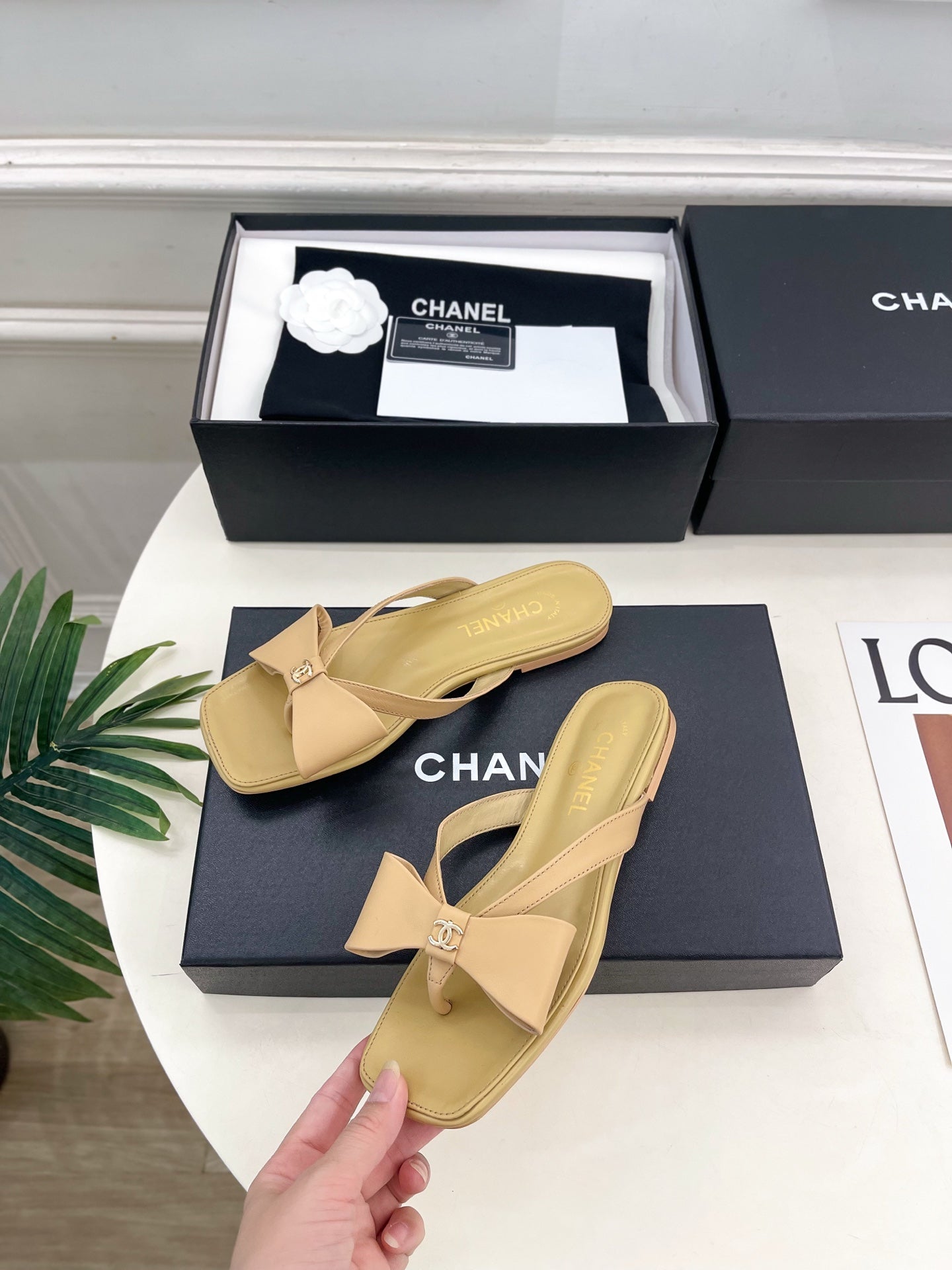 Chanel 2026 Double C Bow Flip-Flops Leather Sheepskin 831454