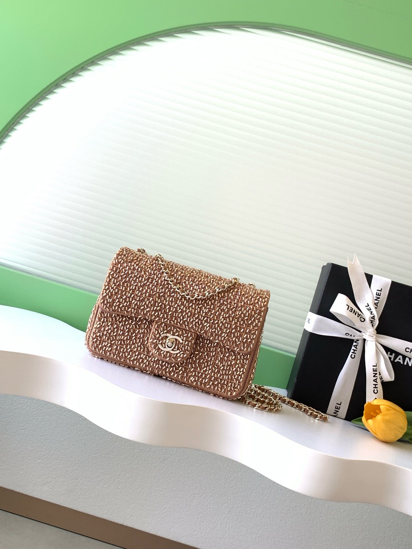 Chanel 2026 Flap Bag 21cm Tweed Leather With Tubular Beads