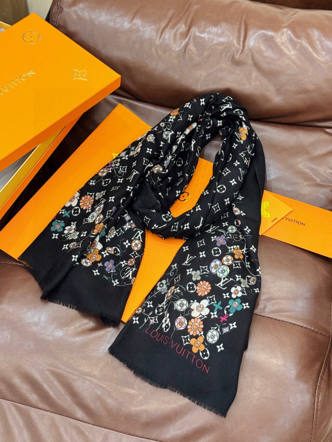 LV x TM Monogram Superflat Flowers 200cm Black Multicolor Silk 969171