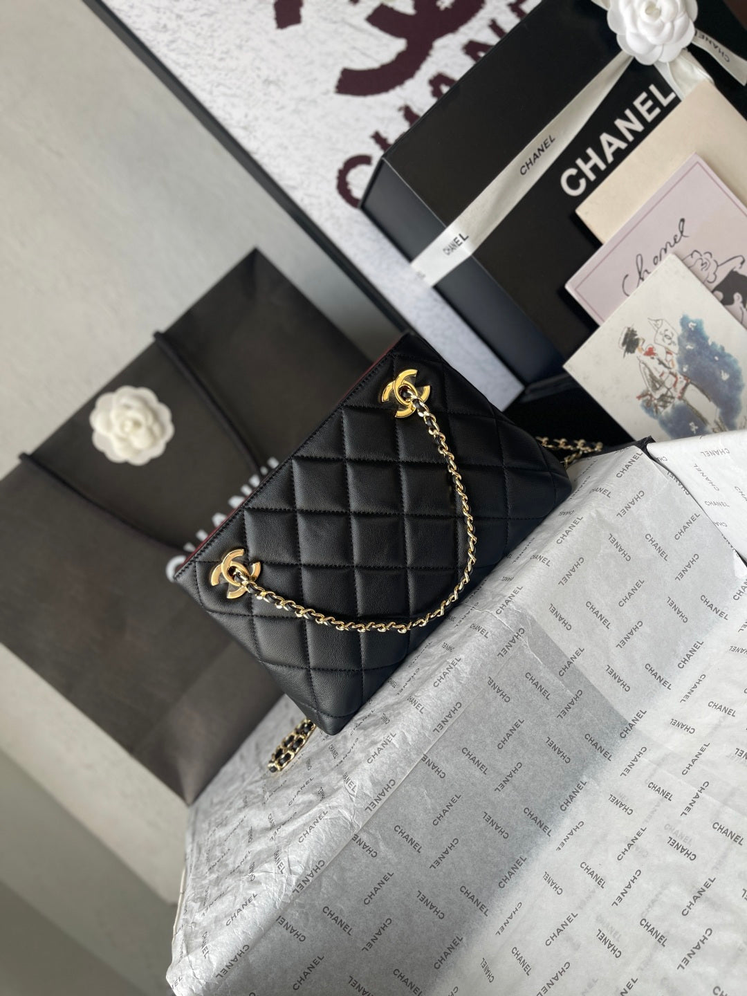 Chanel 2026 Small Shopping Tote Bag Black 24.5cm Black Lambskin 348256
