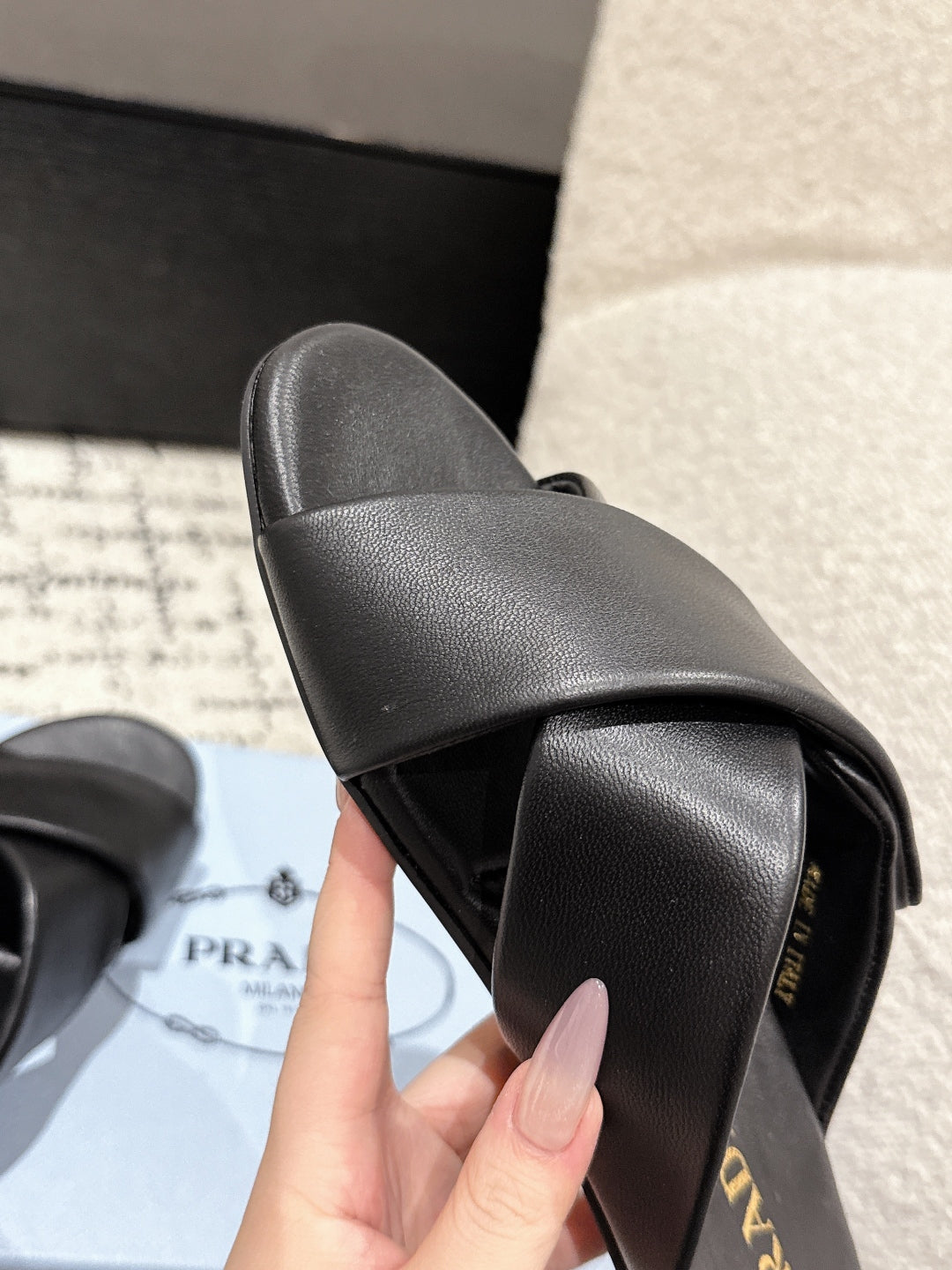 Prada 25 Cross-band Flat Slippers Black Cowhide 301737