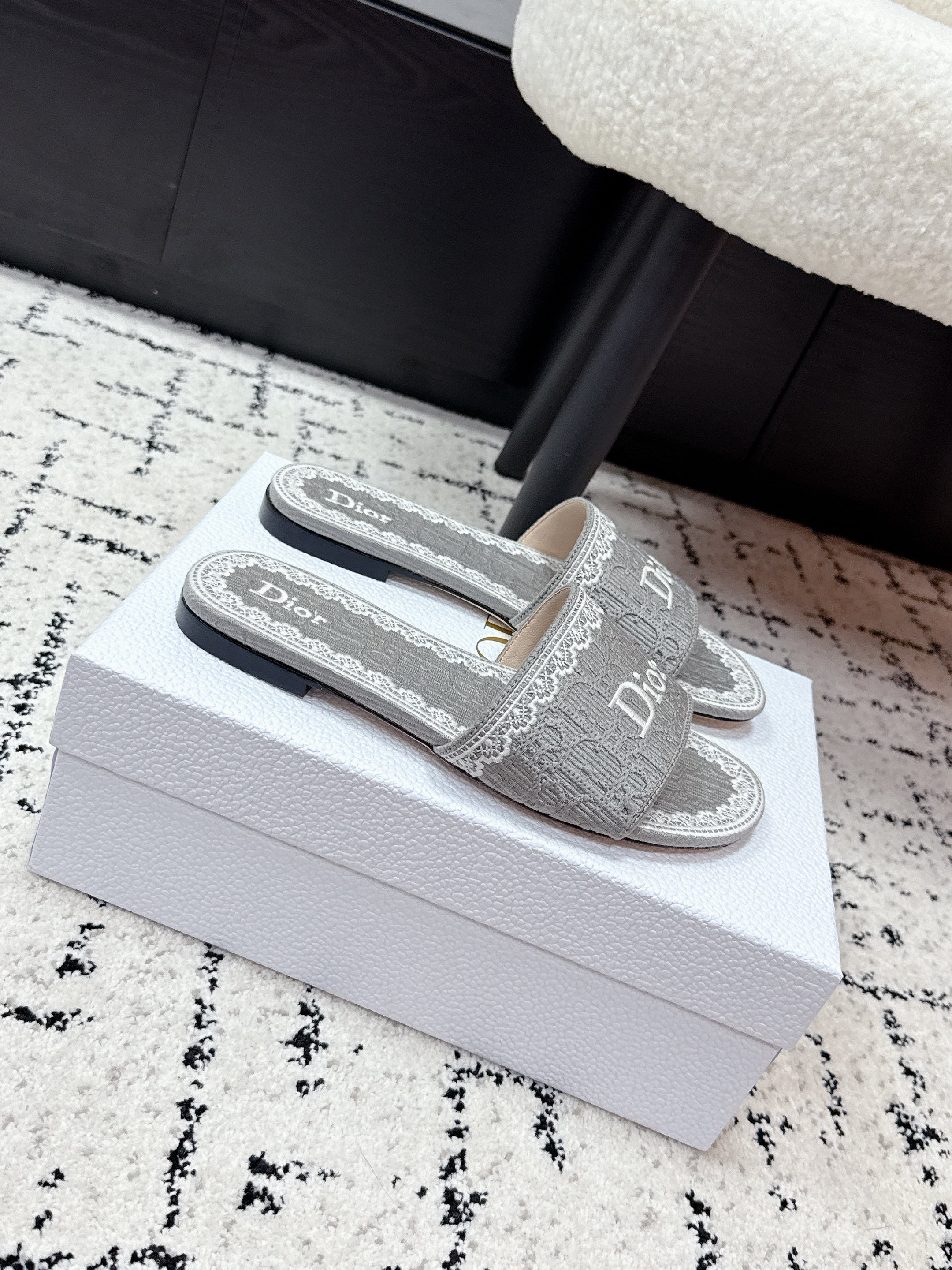 CD 26 Embroidered Slippers Gray Canvas 617080