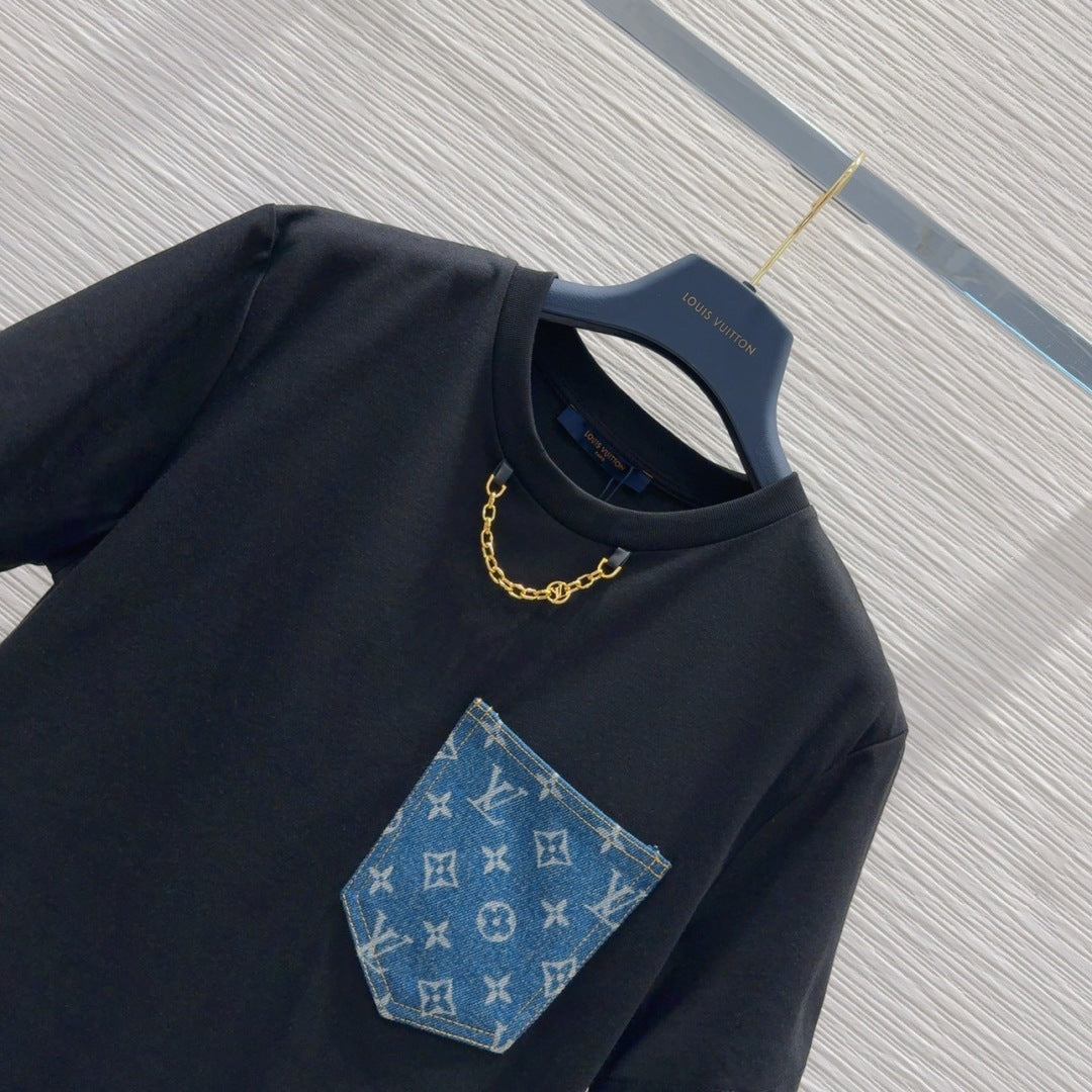 LV 25 Denim Pocket T-shirt Black Cotton