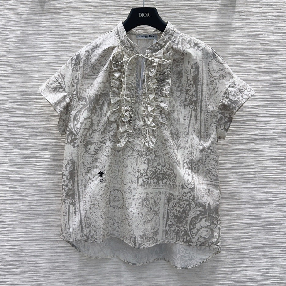 Dior 2026 Toile de Jouy Pattern Shirt With Lace Trim Grey Cotton 449989