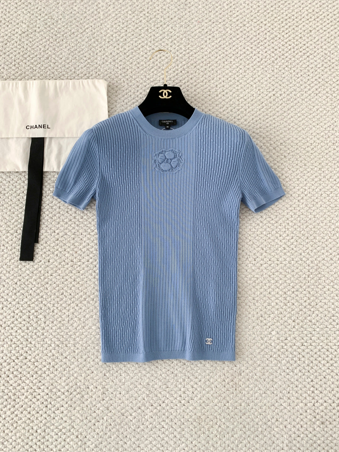 Chanel 2026 Logo Knit Short-Sleeve T-Shirt Blue Cotton 356628