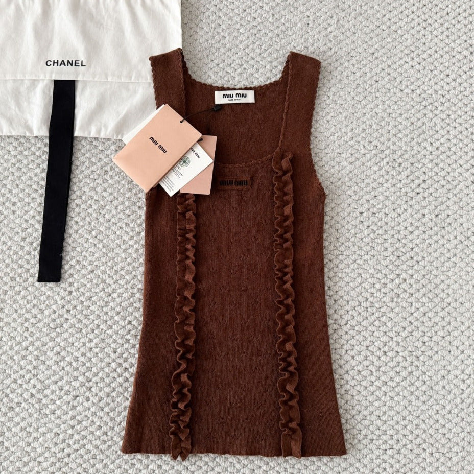 Miumiu 2026 Ruffled Knitted Vest Brown Cashmere and Silk Blend 380637