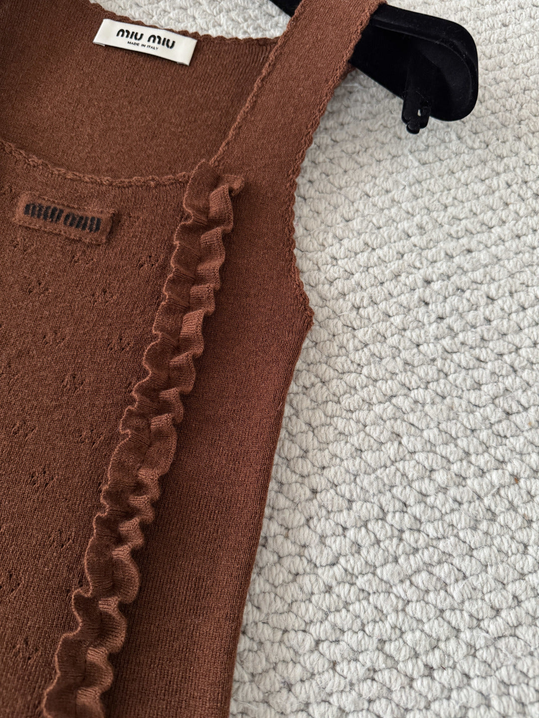 Miumiu 2026 Ruffled Knitted Vest Brown Cashmere and Silk Blend 380637