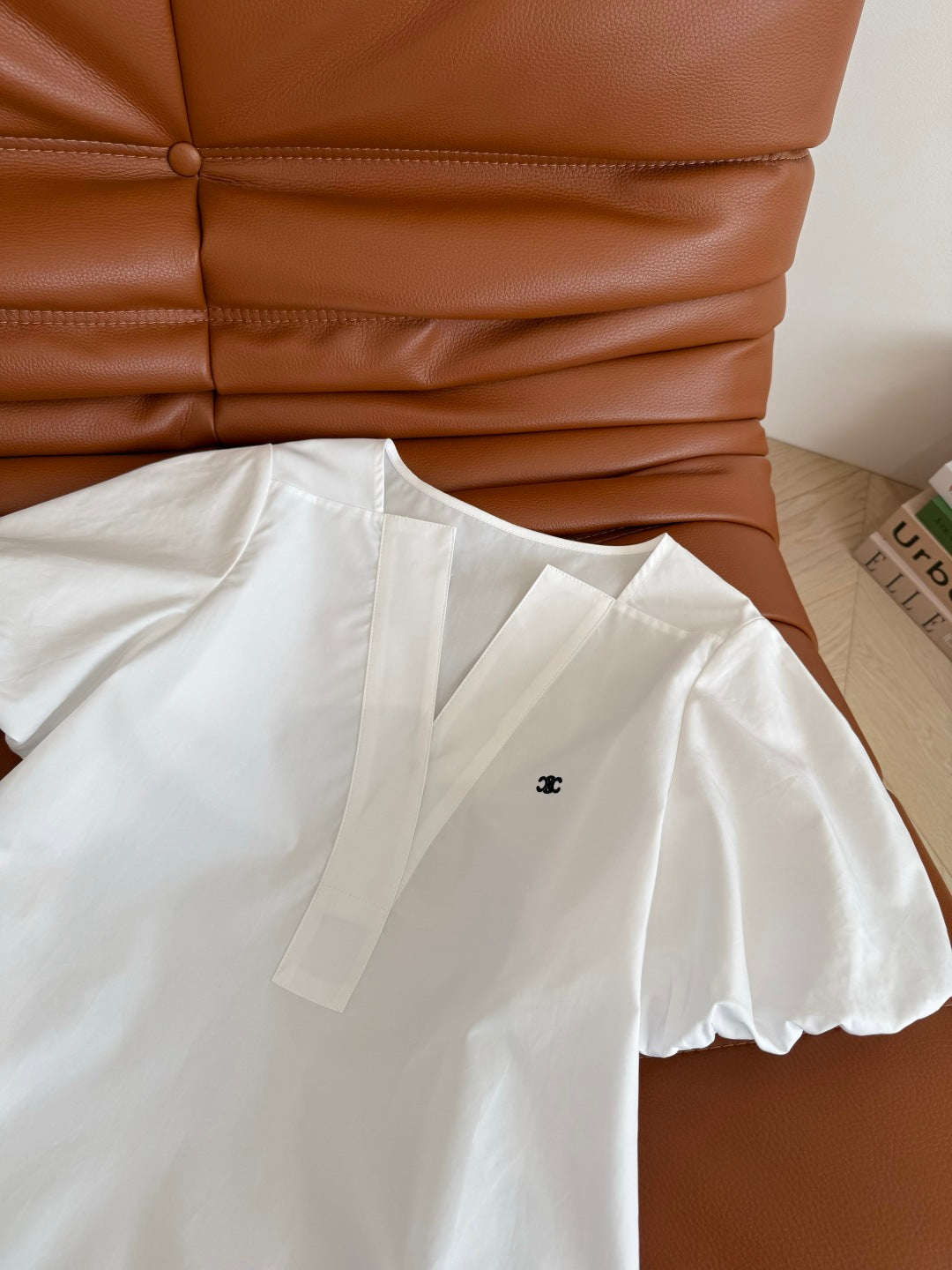 Celine 25 Logo Embroidered Puff Sleeve Shirt Whiet Cotton