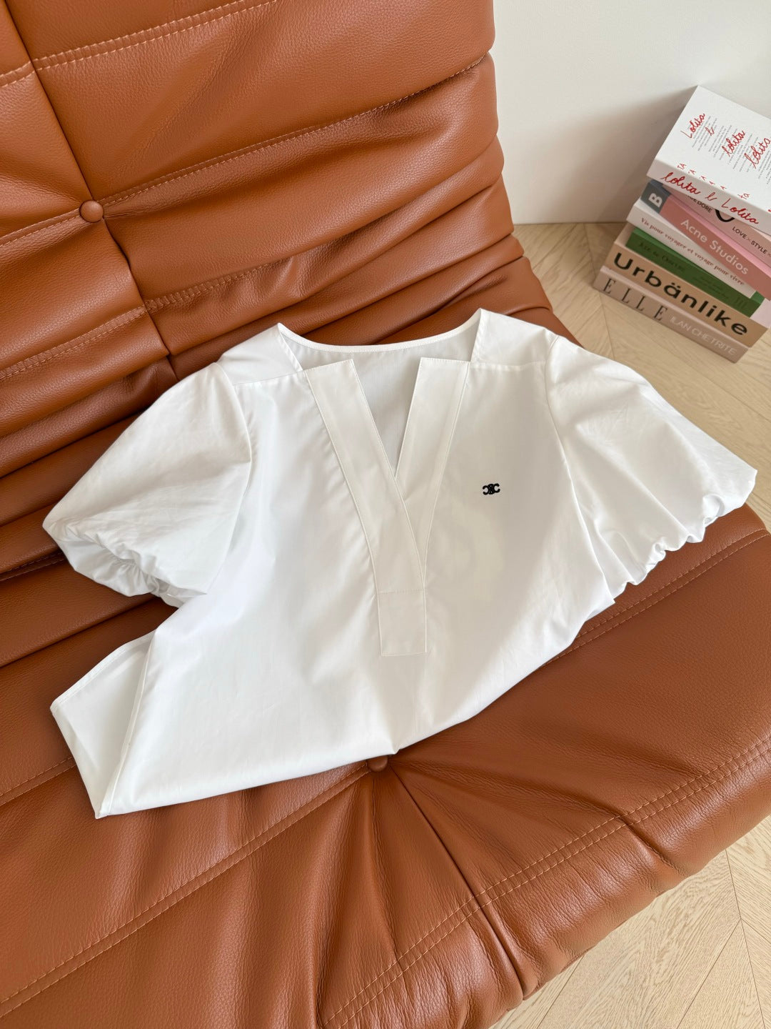 Celine 25 Logo Embroidered Puff Sleeve Shirt Whiet Cotton