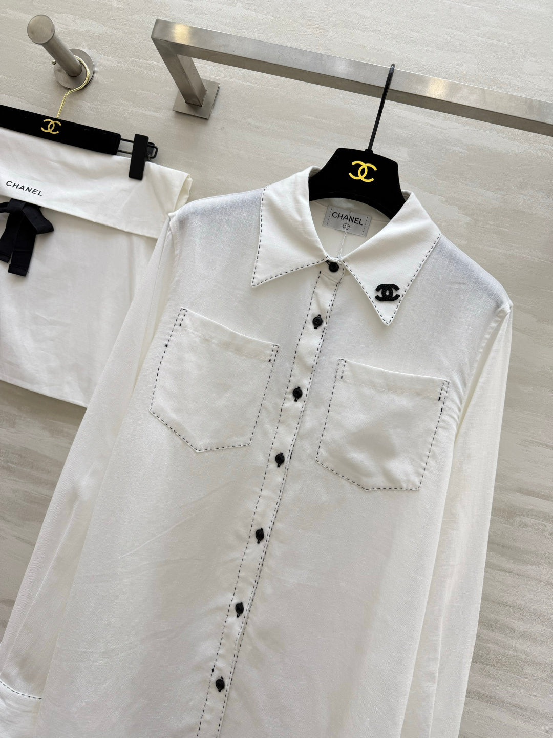 Chanel 2026 Black Logo And Button Shirt White Cotton 391171