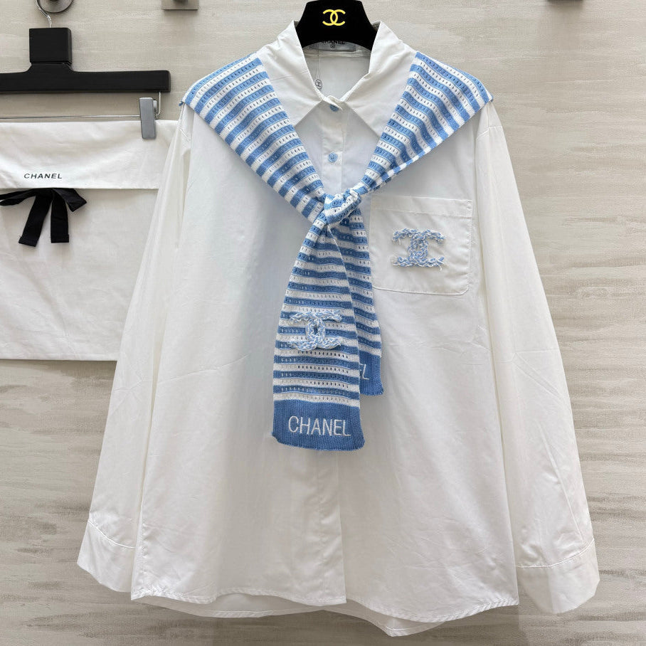 Chanel 2026 White Shirt and Blue Striped Shawl Set Cotton 391161