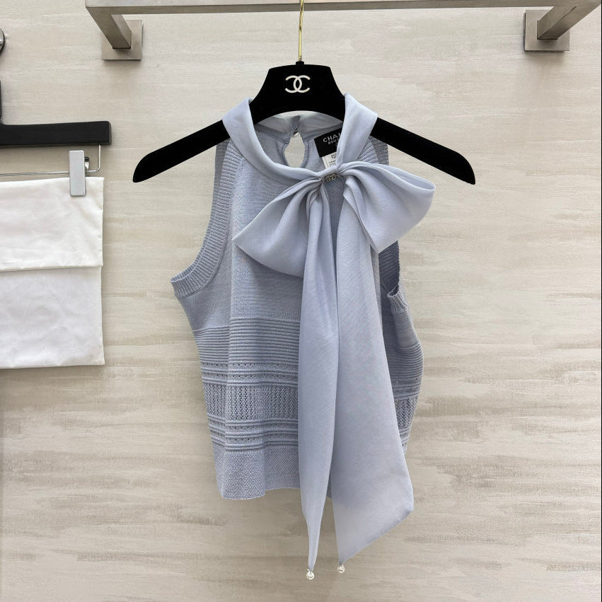 Chanel 2026 Tie-knit Halter Top With Bow Blue Cashmere 394170