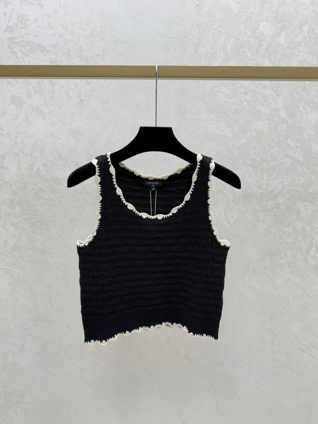 Chanel 2026 Crochet Knit Vest Black and Off-White Wool