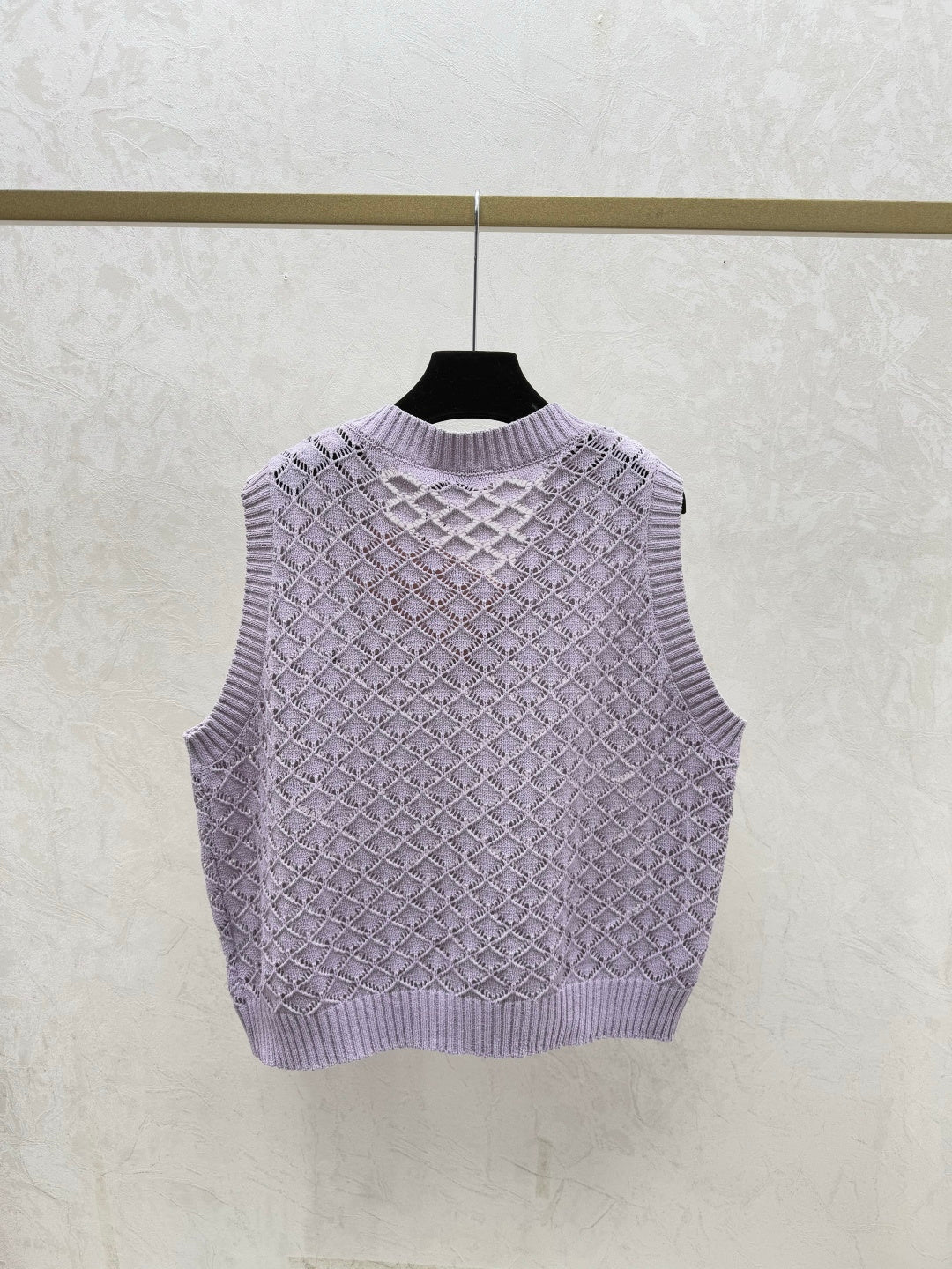 Miumiu 2026 Round Neck Openwork Knit Vest Cream and Purple Viscose Nylon