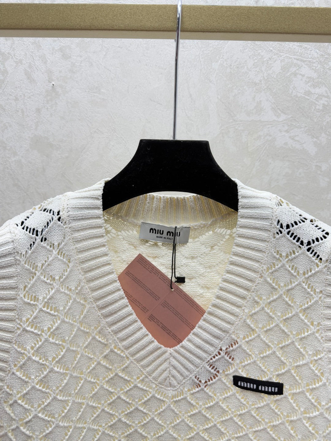Miumiu 2026 Round Neck Openwork Knit Vest Cream and Purple Viscose Nylon