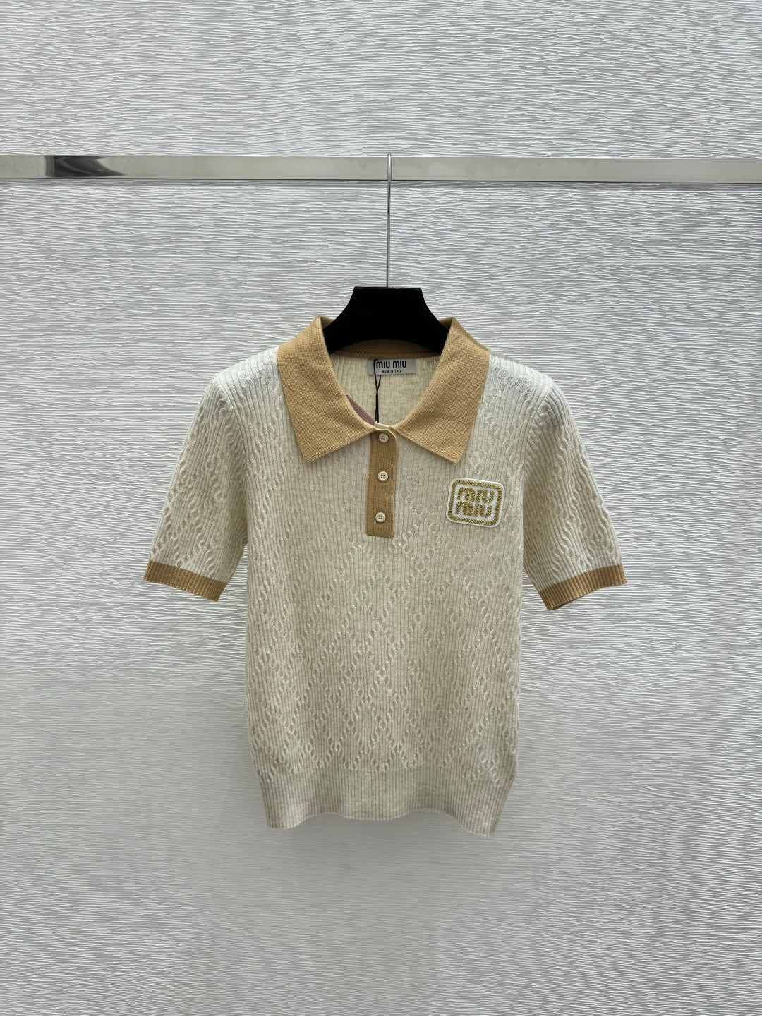 Miumiu 2026 Short-sleeved Knit Polo Shirt Beige and Gray Wool