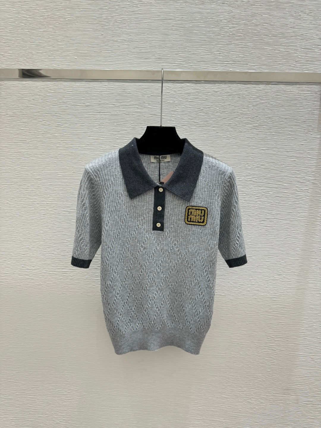 Miumiu 2026 Short-sleeved Knit Polo Shirt Beige and Gray Wool