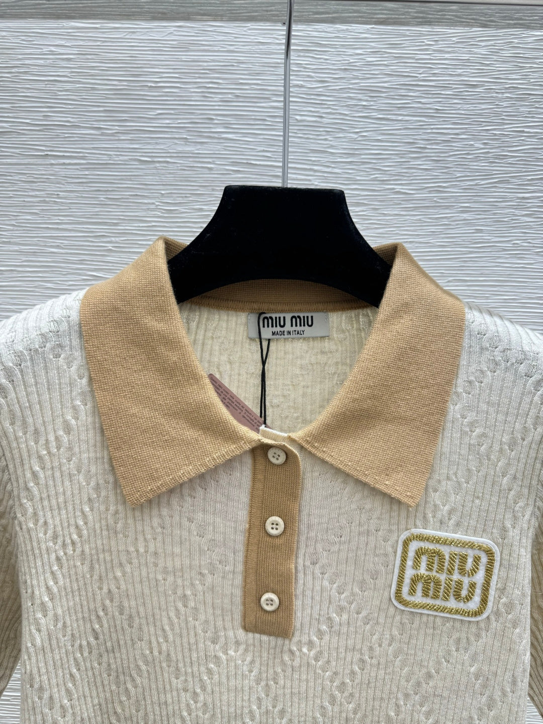 Miumiu 2026 Short-sleeved Knit Polo Shirt Beige and Gray Wool