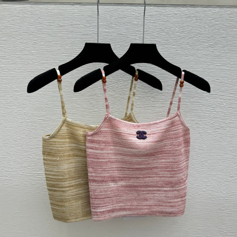 Chanel 2026 Strap Cami Tank Tops Pink Beige Wool Nylon