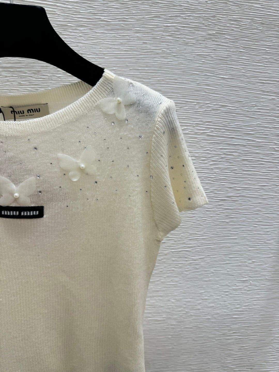 Miumiu 2026 Butterfy Short-sleeve Top Yellow Cream Pink Wool Silk