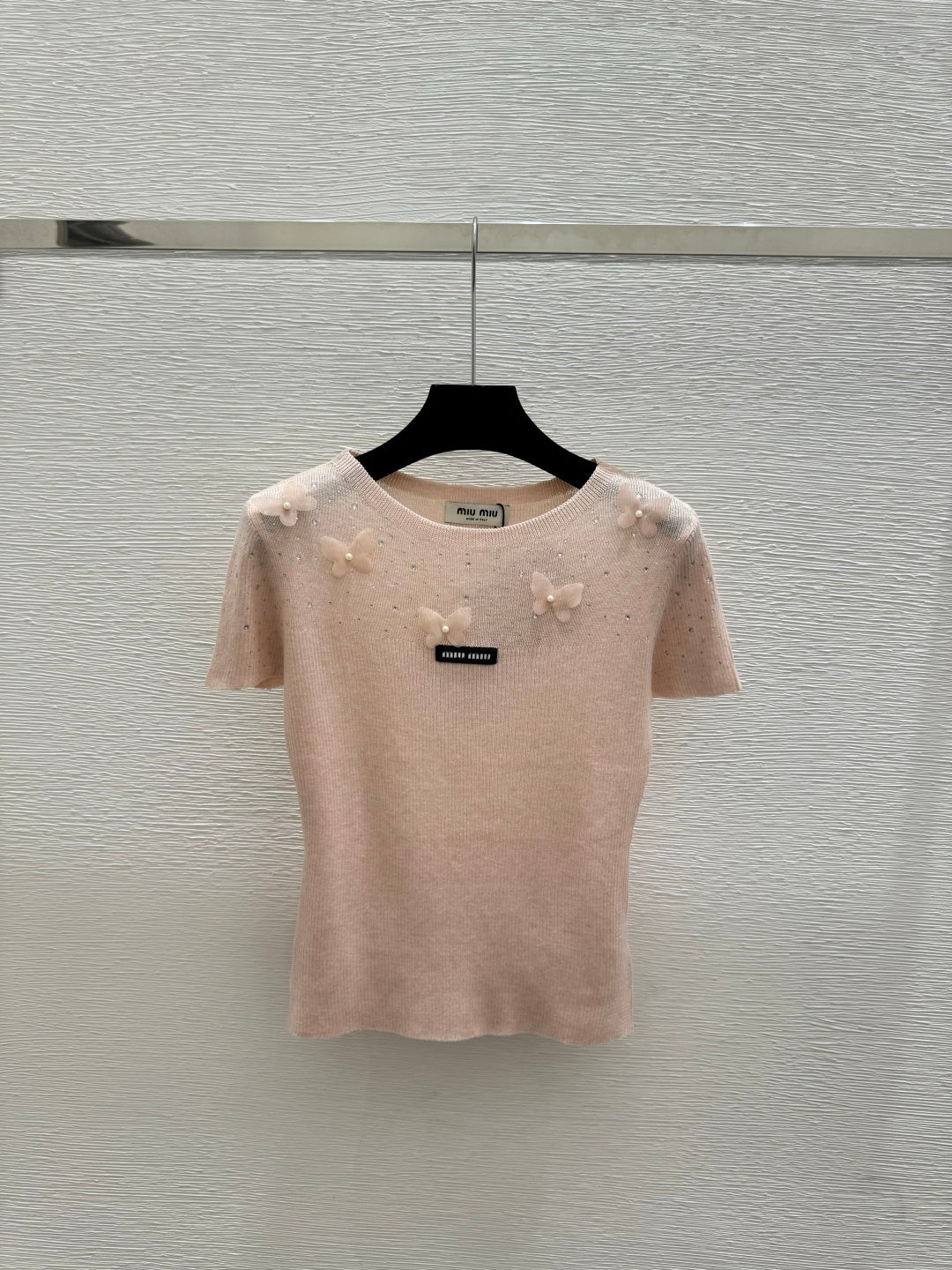 Miumiu 2026 Butterfy Short-sleeve Top Yellow Cream Pink Wool Silk