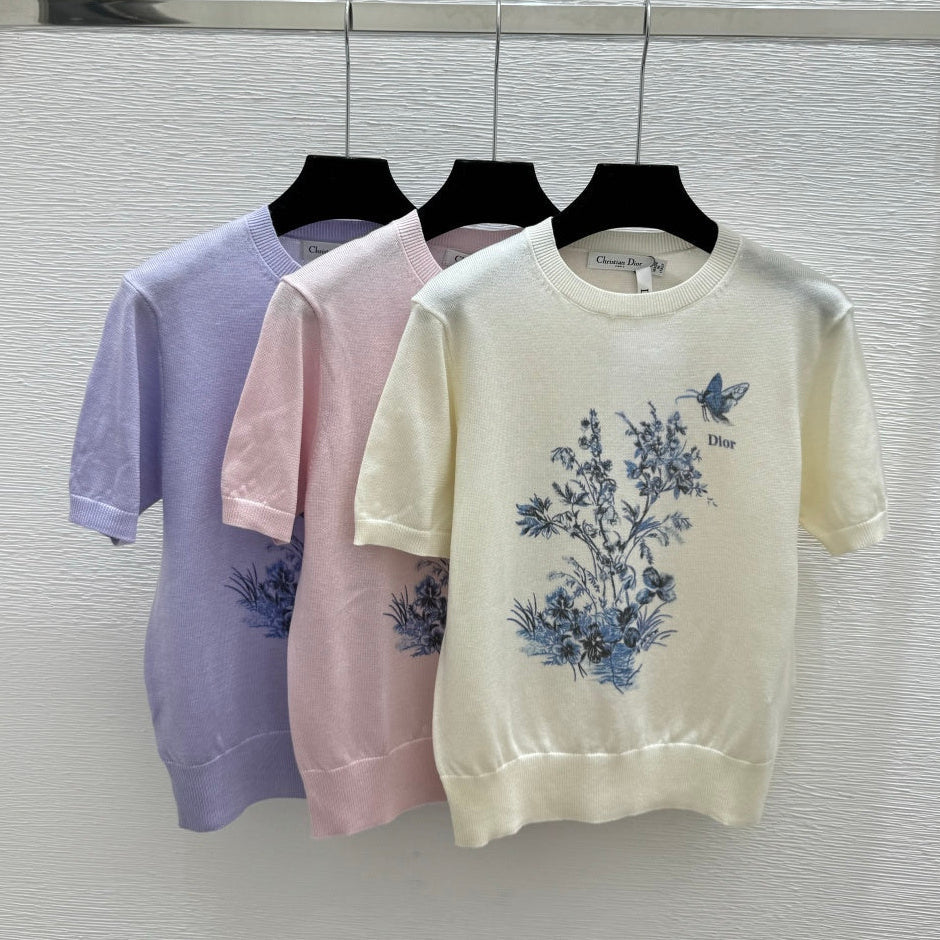 Dior 2026 Short-sleeved Top Cream Pink Purple Wool