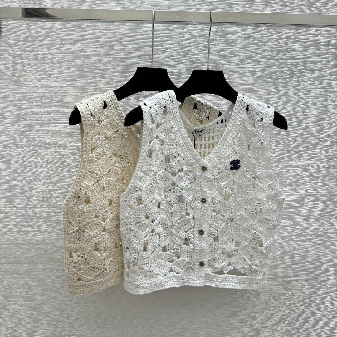 Chanel 2026 Hollow-out V-neck Knitted Vest Cardigan White Khaki Cotton