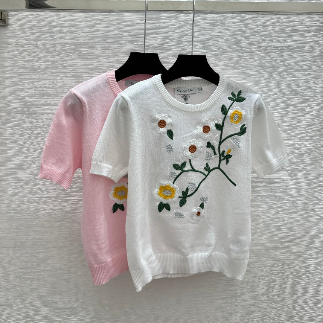 Dior 2026 Floral Crew Neck Knitted Short-Sleeve Top White and Pink Wool
