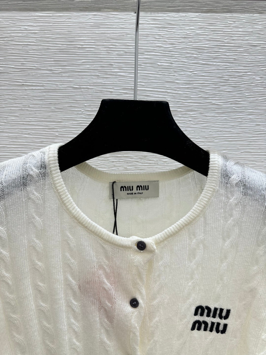Miumiu 2026 Knit Short-sleeved Cardigan White and Blue Wool