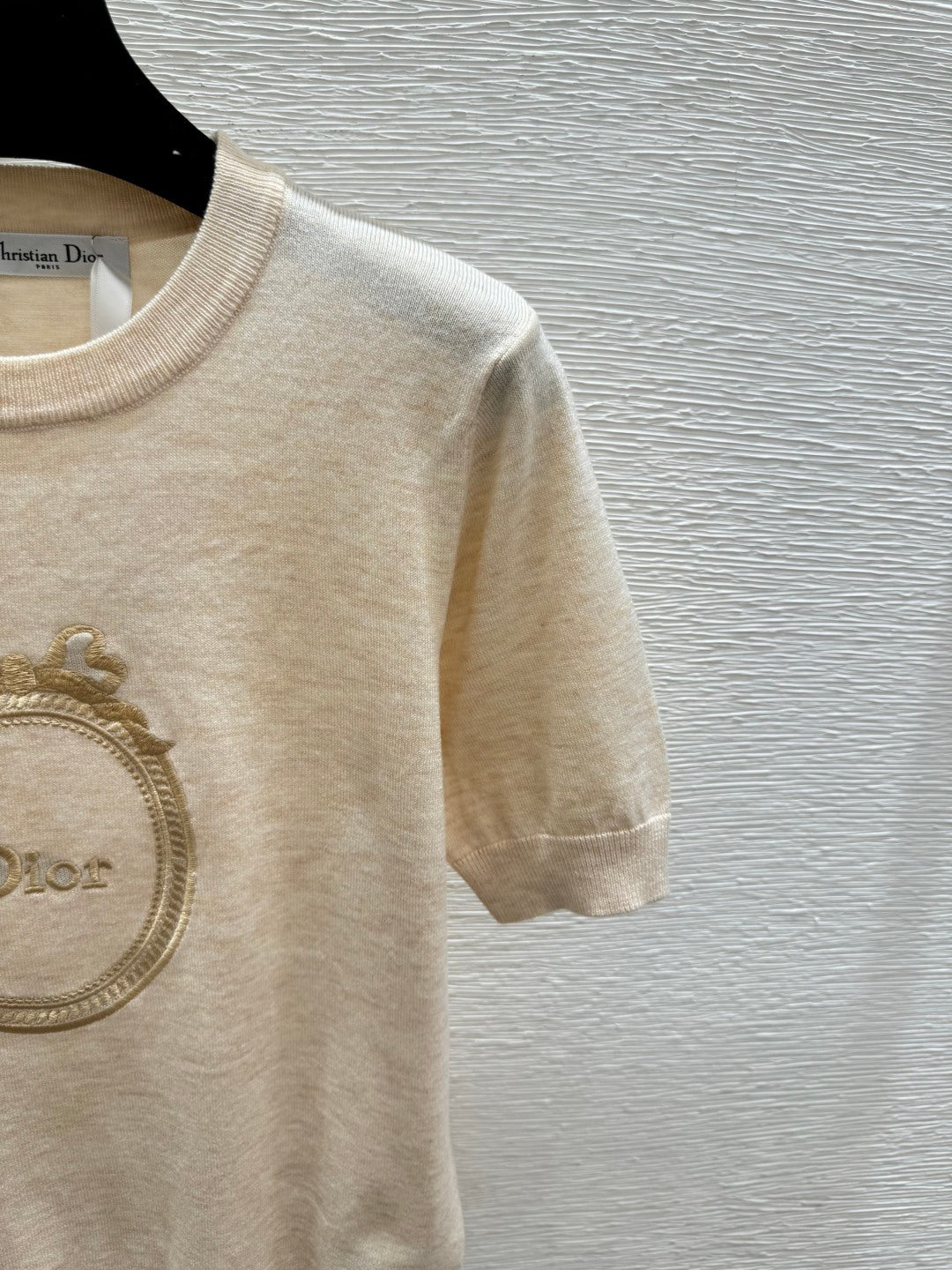 Dior 2026 Embroidered Logo Short-Sleeve Knit Top Blue and Beige Wool 374945