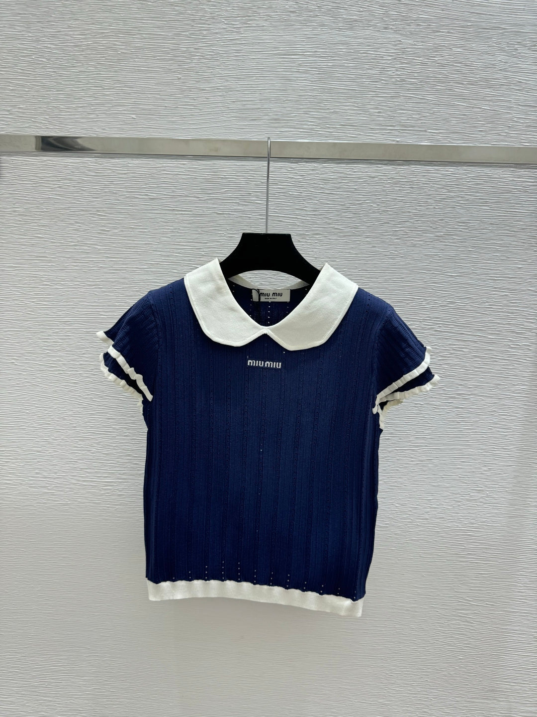 Miumiu 2026 Peter Pan Collar Openwork Knit Short-sleeved Top 220548