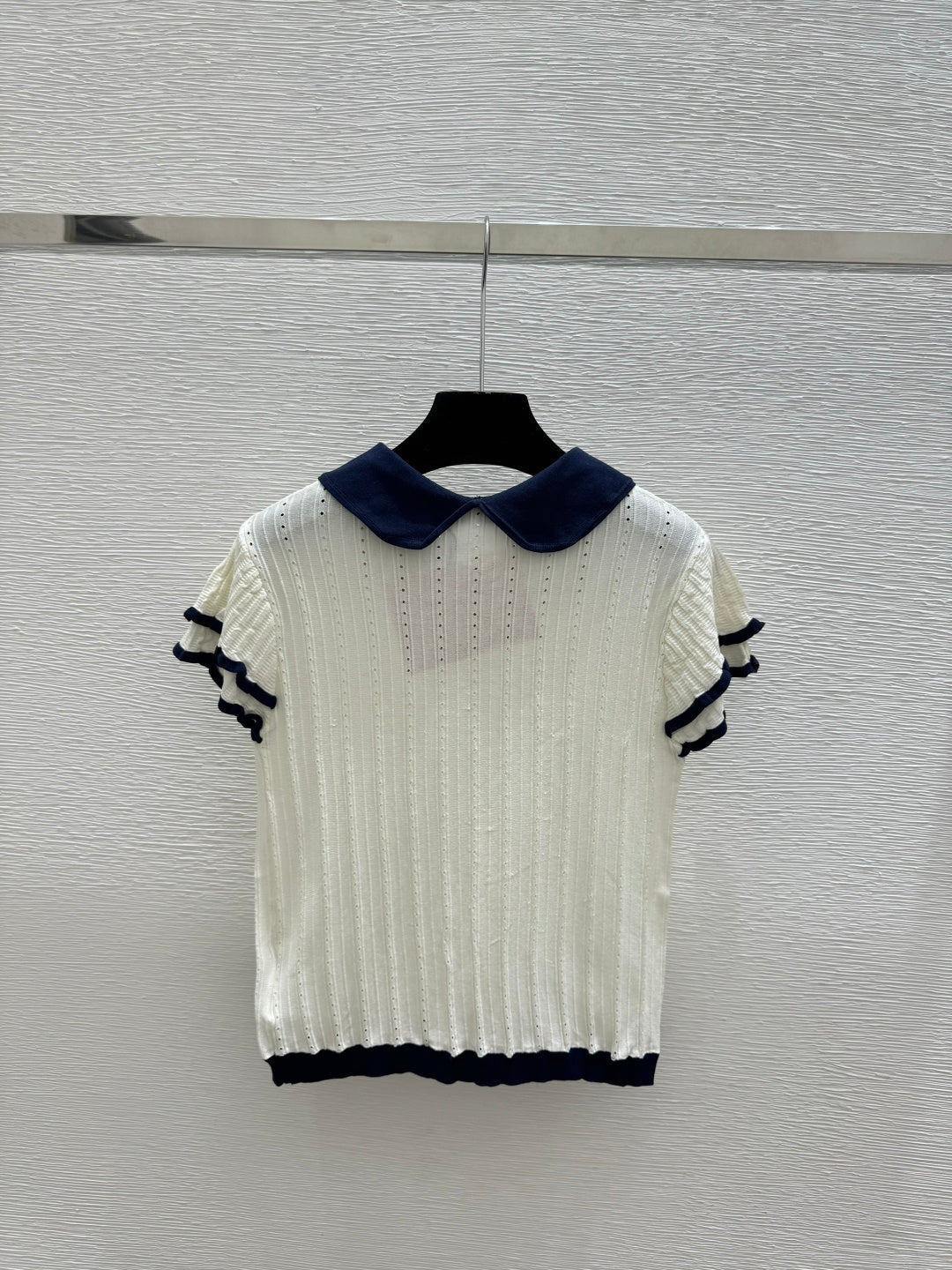 Miumiu 2026 Peter Pan Collar Openwork Knit Short-sleeved Top 220548