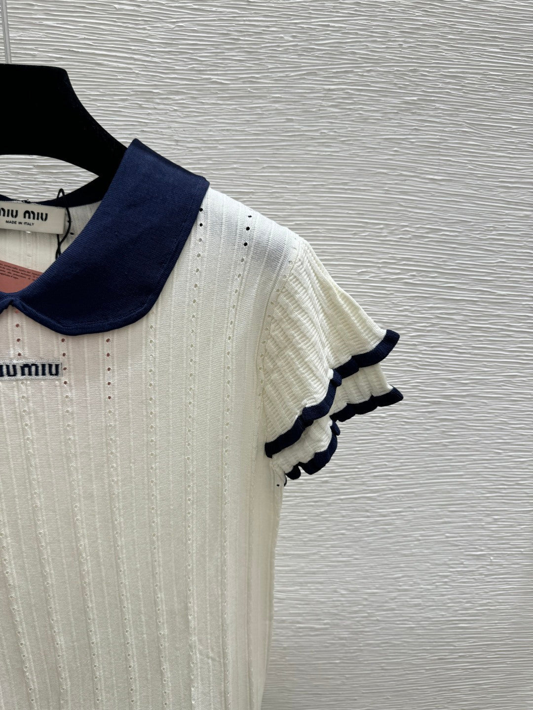 Miumiu 2026 Peter Pan Collar Openwork Knit Short-sleeved Top 220548