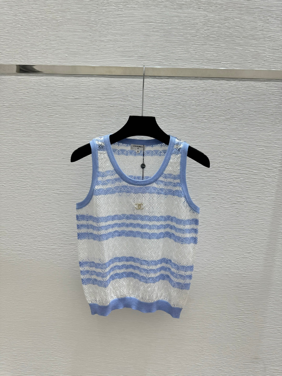 Chanel 2026 Striped Knit Vest Blue and Black Wool Cashmere 368367