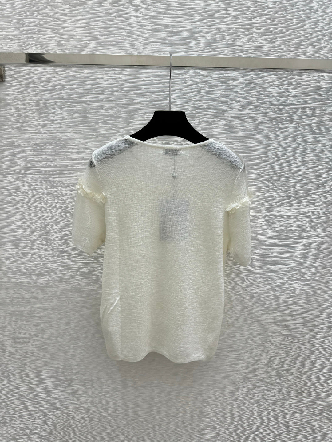 Chanel 2026  Lace Trim Round Neck Knitted Short Sleeve Tencel Wool 294906