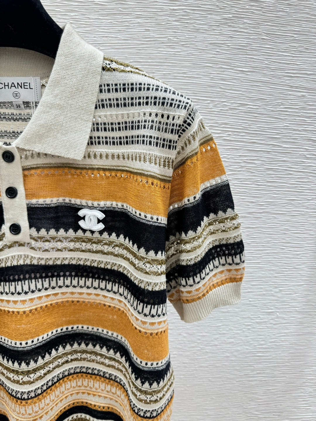 Chanel 2026 Striped Collared Simple Knit Short-Sleeve T-Shirt Wool Nylon 397696