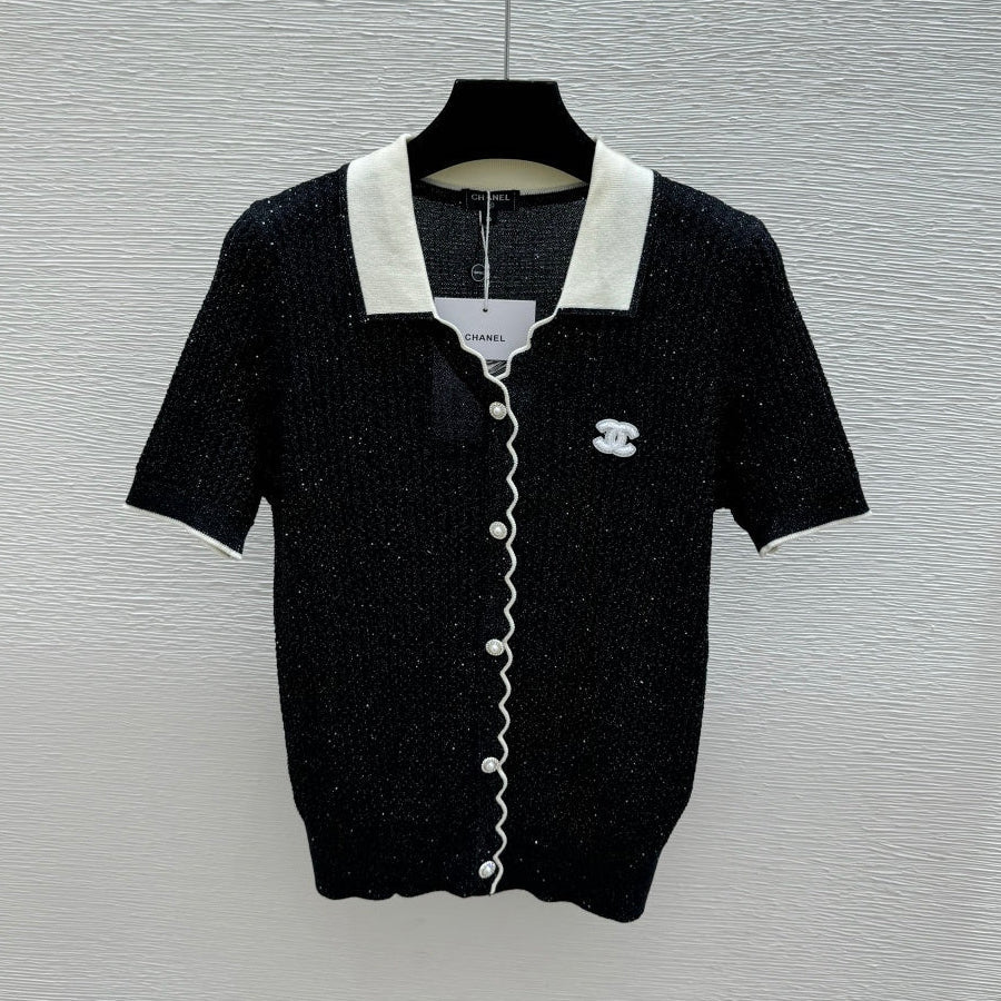 Chanel 2026 Lapel Sequin Knit Short-Sleeve Black Cotton Polyamide 397736