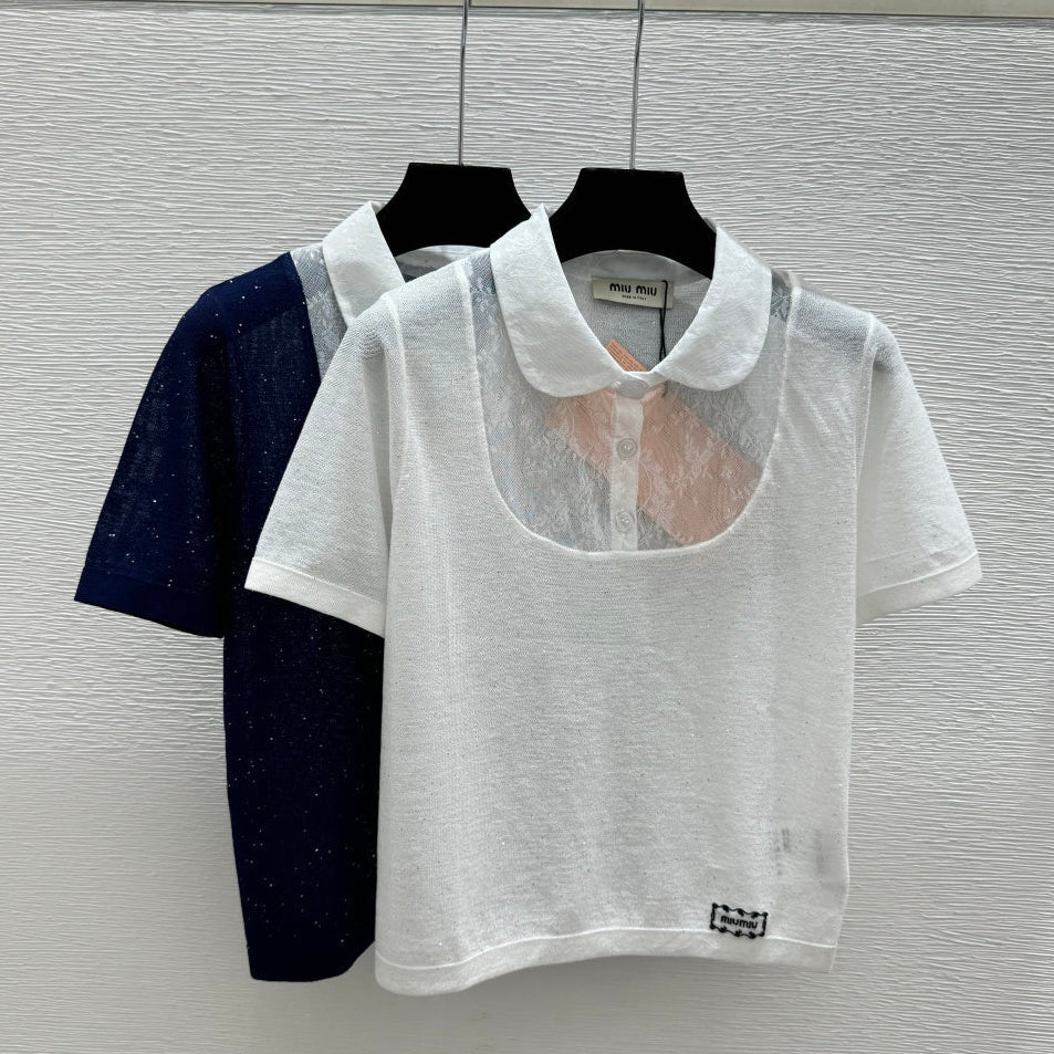 Miumiu 2026 Collared Knitted Short-Sleeve T-Shirt Tencel Nylon 441849