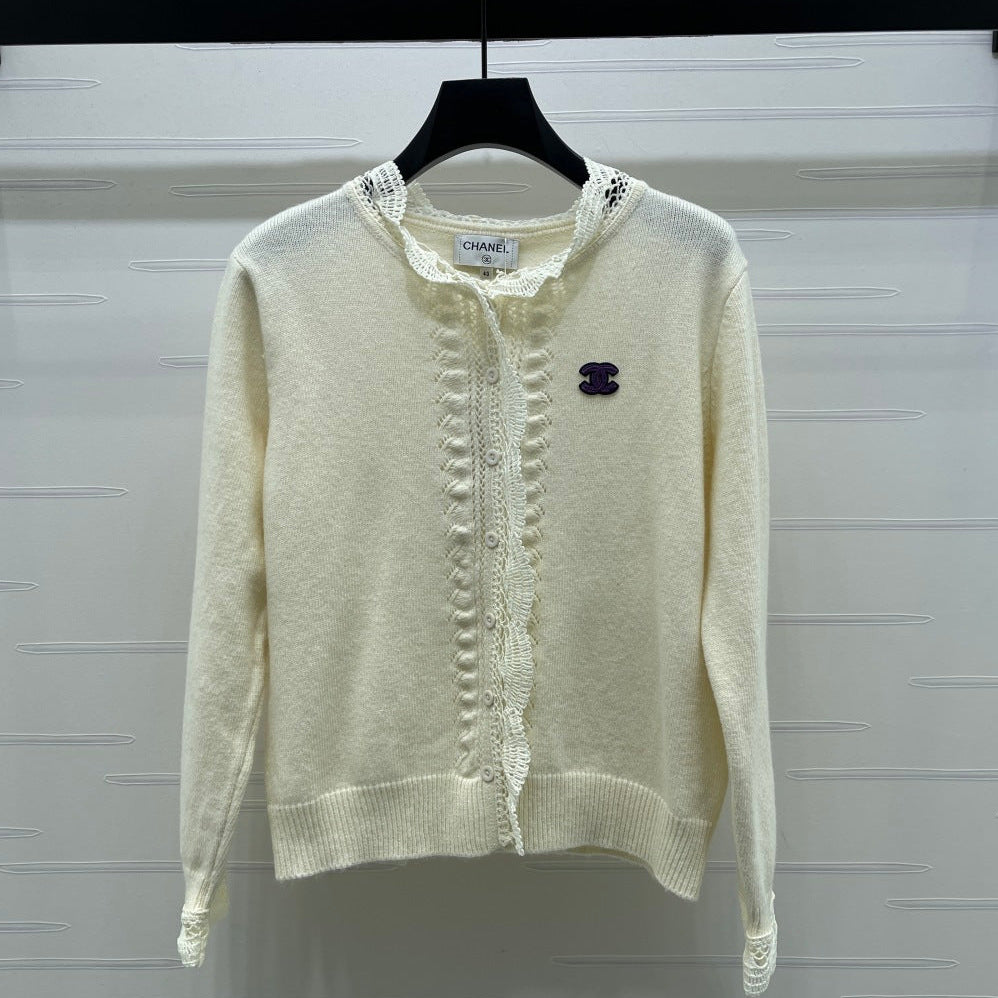 CC 26  Lace-Trimmed Knit Cardigan Cream Wool 340798