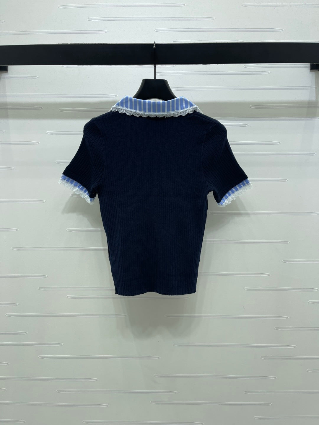 Miumiu 2026 Ribbed Knit Top With Striped Collar Blue Wool 352525