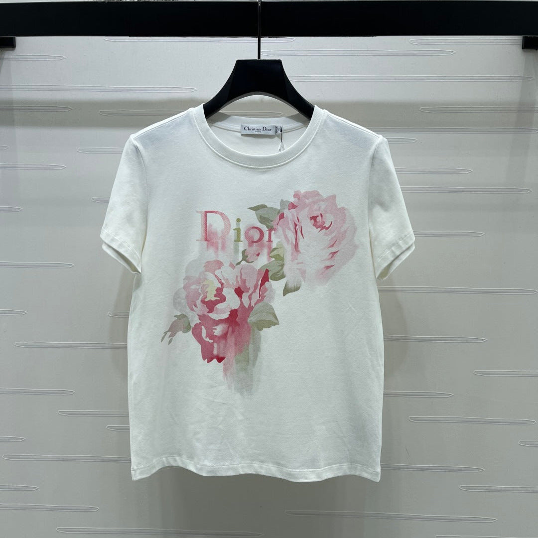 Dior 2026 Painted Rose T-shirt White Pink Cotton
